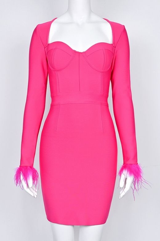 Woman wearing a figure flattering Erin Long Sleeve Bandage Mini Dress - Hot Pink BODYCON COLLECTION