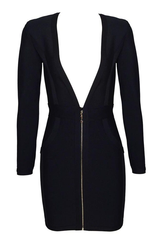 Woman wearing a figure flattering  Eva Long Sleeve Bandage Mini Dress - Classic Black BODYCON COLLECTION