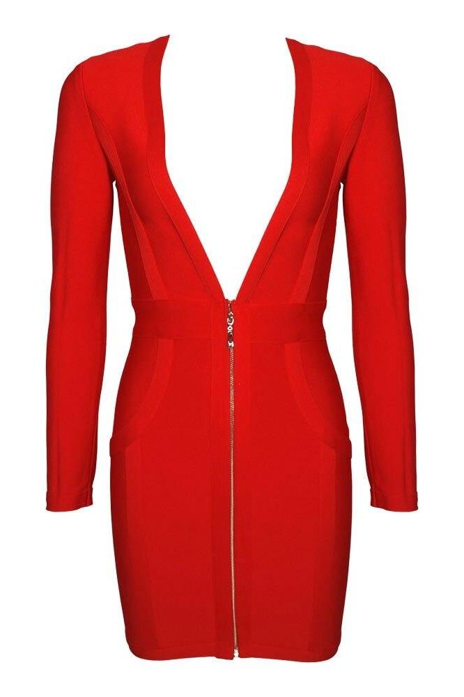 Woman wearing a figure flattering Eva Long Sleeve Bandage Mini Dress - Lipstick Red BODYCON COLLECTION