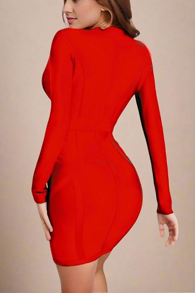 Woman wearing a figure flattering  Eva Long Sleeve Bandage Mini Dress - Lipstick Red BODYCON COLLECTION