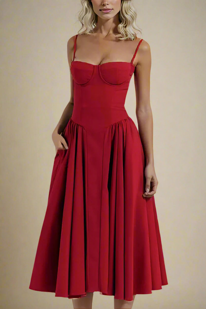 Woman wearing a figure flattering Everly Bodycon Day Midi Dress - Lipstick Red BODYCON COLLECTION