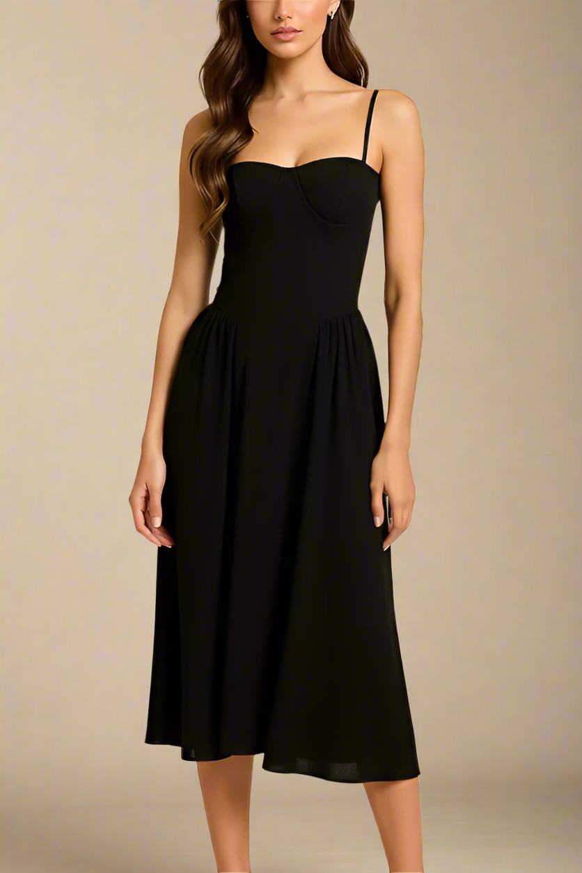 Woman wearing a figure flattering Everly Midi Dress - Classic Black BODYCON COLLECTION