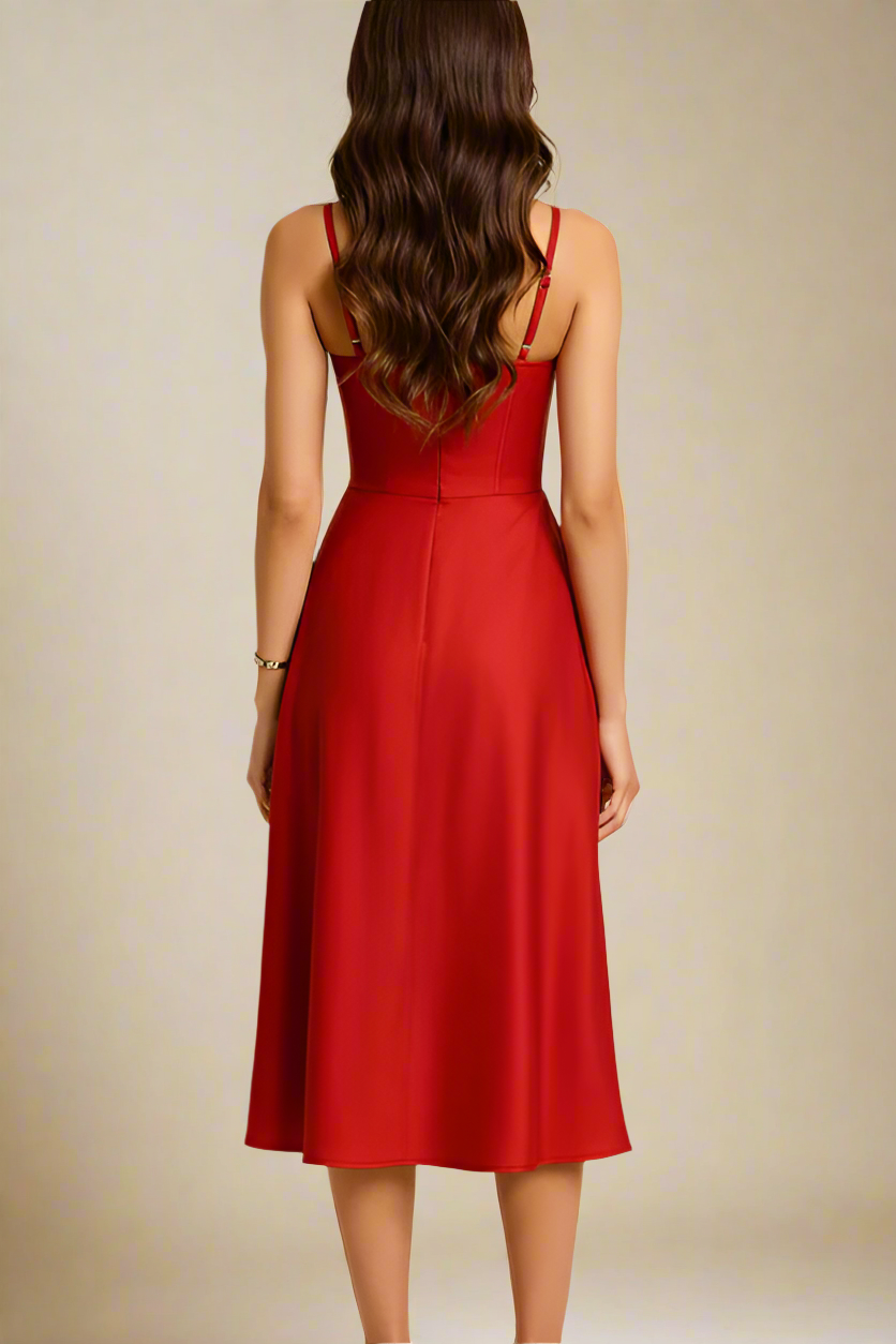 Woman wearing a figure flattering Everly Midi Dress - Lipstick Red BODYCON COLLECTION