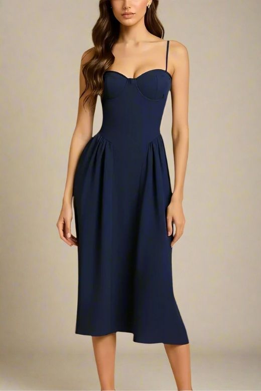 navy blue midi dress formal Everly Midi Dress for Women, Navy Blue, Polyester, Adjustable Spaghetti Straps, Side Pockets, Machine Wash