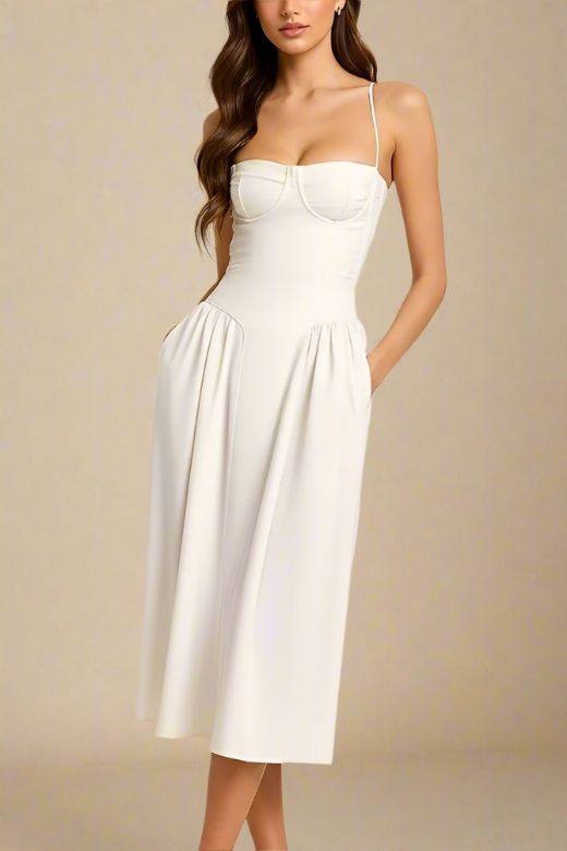 Everly Midi Dress for Women, White Pearl, Polyester, Adjustable Spaghetti Straps, Side Pockets Everly Midi Dress for Women, White Pearl, Polyester, Adjustable Spaghetti Straps, Side Pockets
