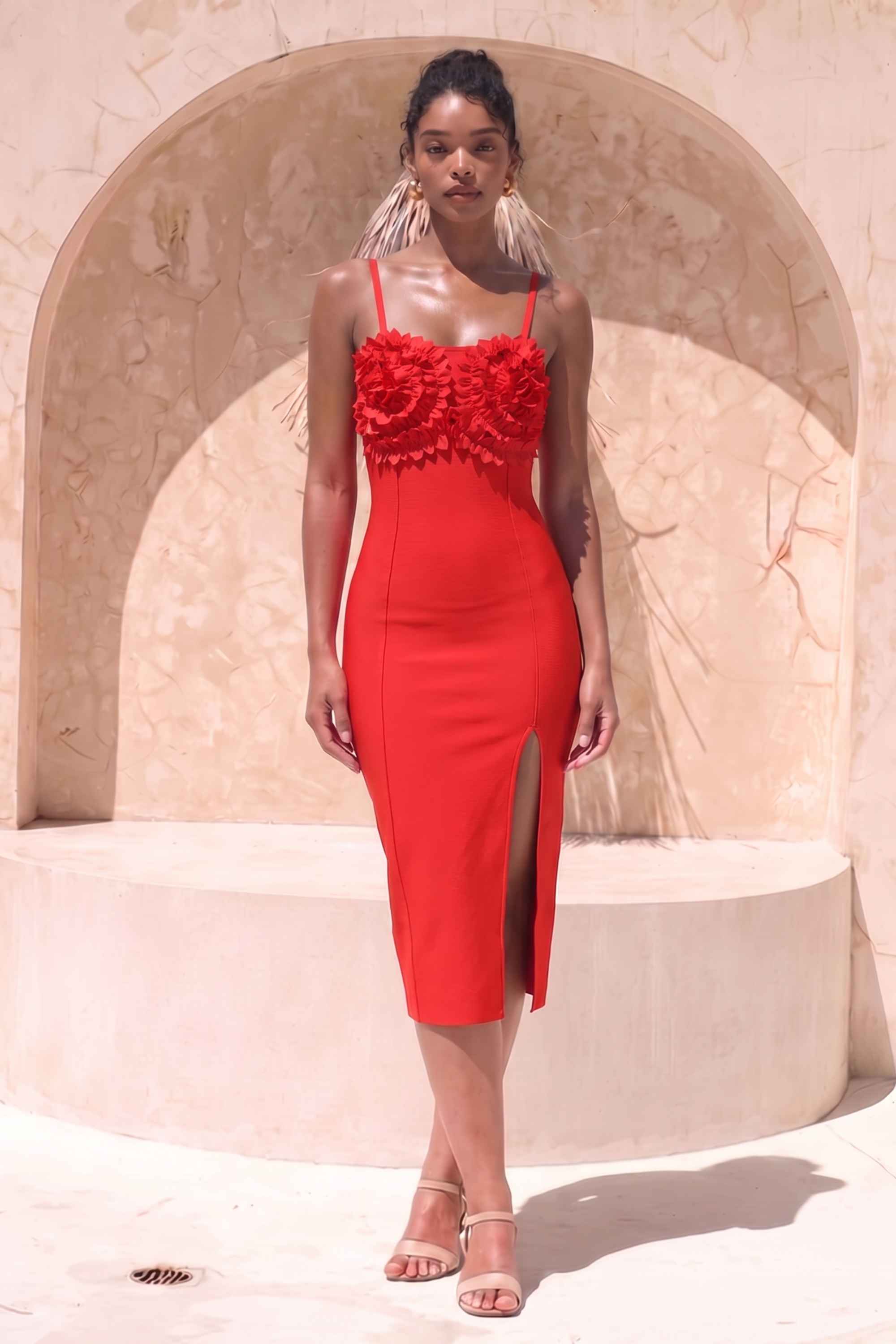 Woman wearing a figure flattering Faye Bandage Midi Dress - Lipstick Red BODYCON COLLECTION