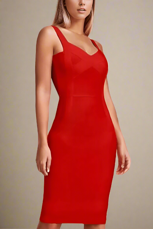 Woman wearing a figure flattering  Freya Bandage Midi Dress - Lipstick Red BODYCON COLLECTION