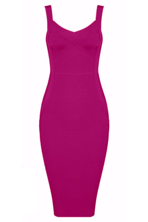 Woman wearing a figure flattering  Freya Bandage Midi Dress - Magenta Pink BODYCON COLLECTION