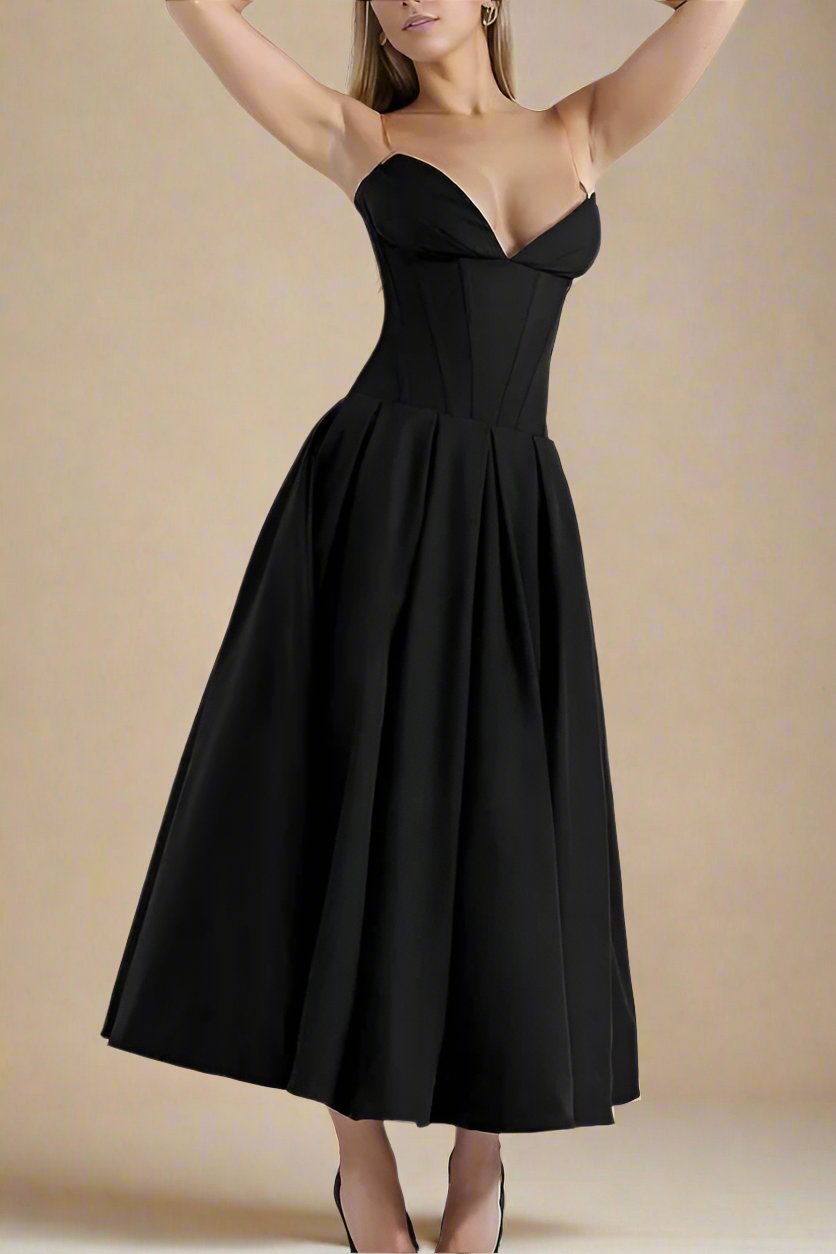 Woman wearing a figure flattering Gabbi Bodycon Midi Dress - Classic Black BODYCON COLLECTION