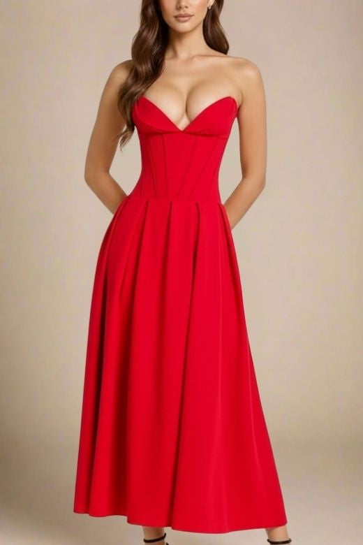 Woman wearing a figure flattering Gabbi Bodycon Midi Dress - Lipstick Red BODYCON COLLECTION