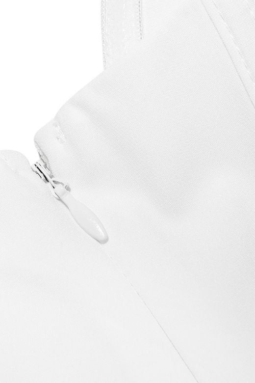 Woman wearing a figure flattering Gabbi Bodycon Midi Dress - Pearl White BODYCON COLLECTION