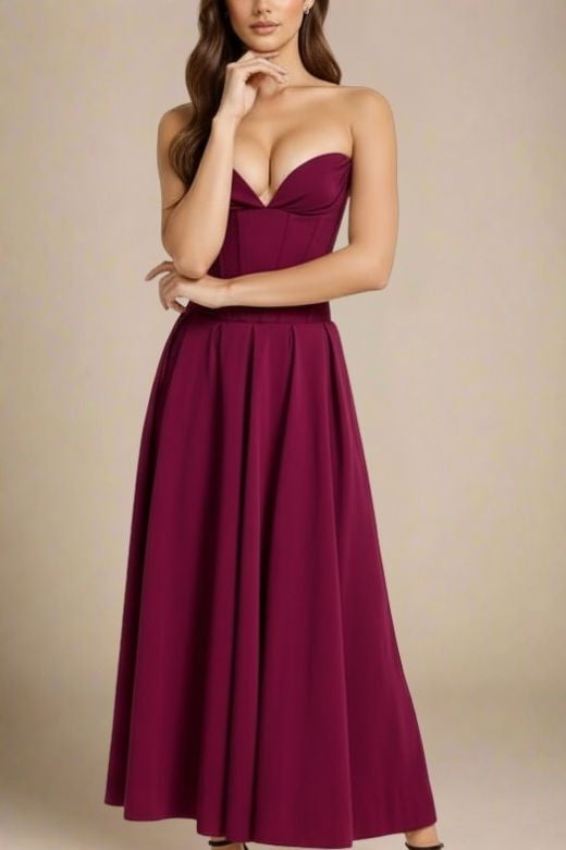 Woman wearing a figure flattering Gabbi Bodycon Midi Dress - Red Wine BODYCON COLLECTION