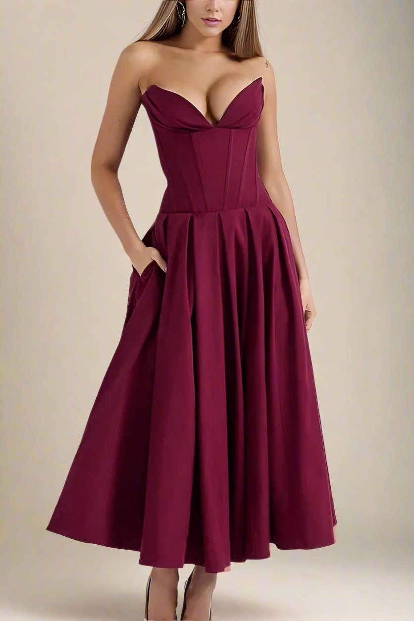 Woman wearing a figure flattering Gabbi Bodycon Midi Dress - Red Wine BODYCON COLLECTION