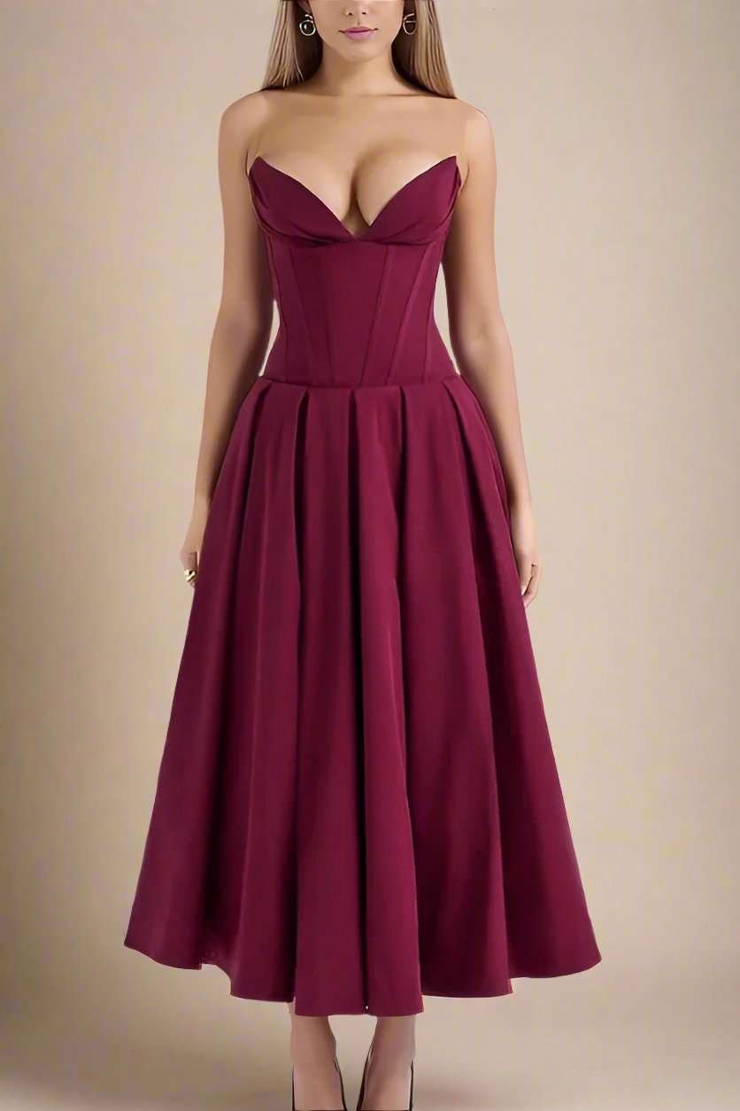 Woman wearing a figure flattering Gabbi Bodycon Midi Dress - Red Wine BODYCON COLLECTION