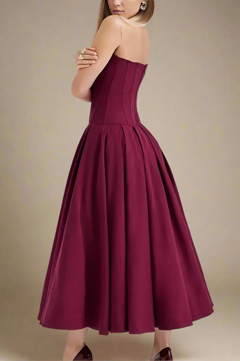 Woman wearing a figure flattering Gabbi Bodycon Midi Dress - Red Wine BODYCON COLLECTION