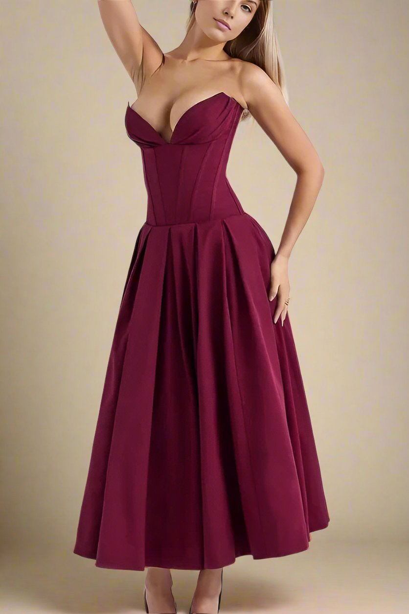 Woman wearing a figure flattering Gabbi Bodycon Midi Dress - Red Wine BODYCON COLLECTION
