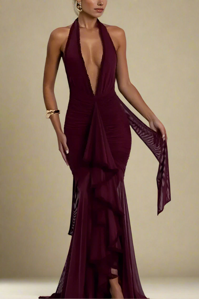 Woman wearing a figure flattering Georgie Bodycon Wrap Maxi Dress - Red Wine BODYCON COLLECTION Pty Ltd