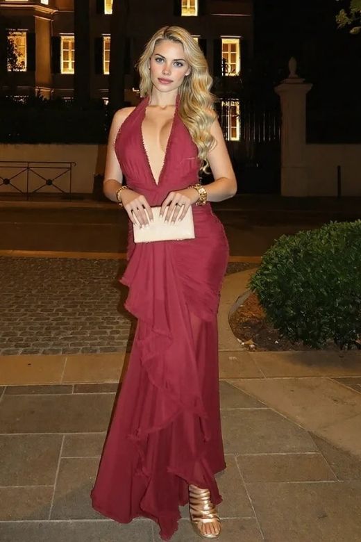 Woman wearing a figure flattering Georgie Bodycon Wrap Maxi Dress - Red Wine BODYCON COLLECTION Pty Ltd