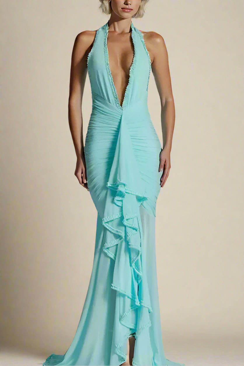 Woman wearing a figure flattering Georgie Bodycon Wrap Maxi Dress - Sky Blue BODYCON COLLECTION Pty Ltd
