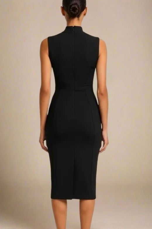 Woman wearing a figure flattering Grace Bandage Midi Dress - Classic Black Bodycon Collection
