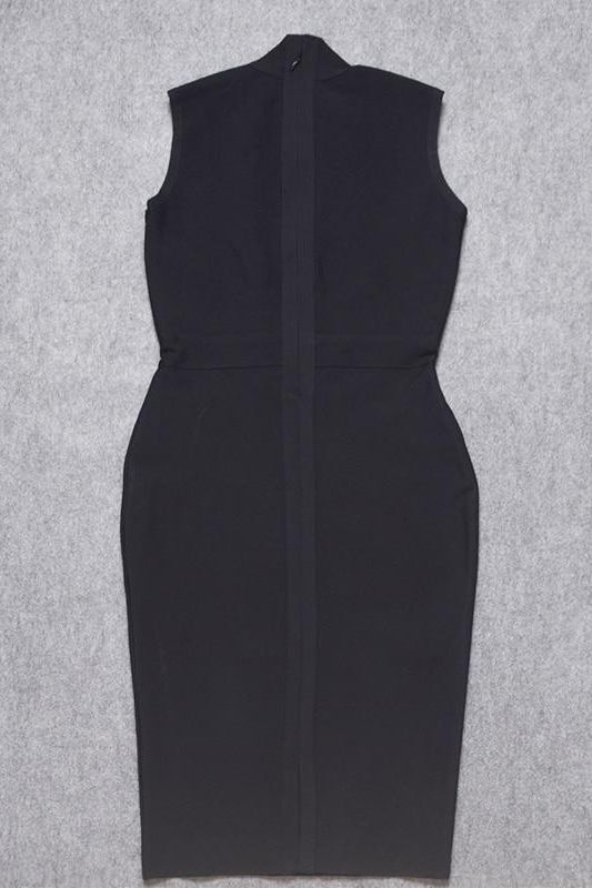 Woman wearing a figure flattering Grace Bandage Midi Dress - Classic Black Bodycon Collection