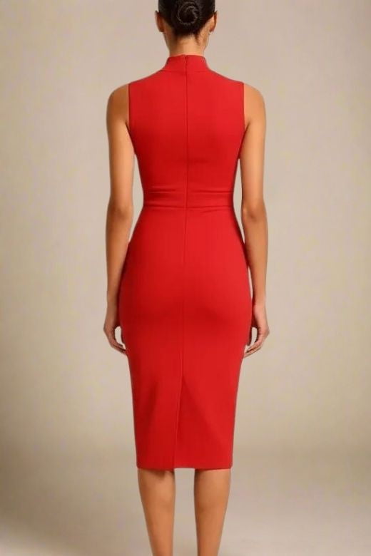 Woman wearing a figure flattering Grace Bandage Midi Dress - Lipstick Red Bodycon Collection