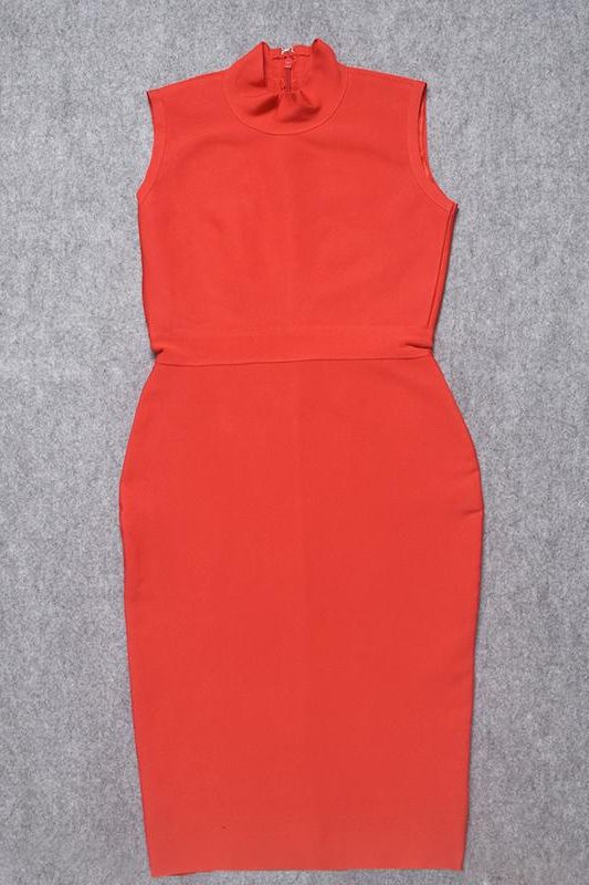 Woman wearing a figure flattering Grace Bandage Midi Dress - Lipstick Red Bodycon Collection