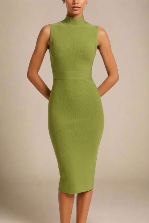Woman wearing a figure flattering Grace Bandage Midi Dress - Olive Green Bodycon Collection