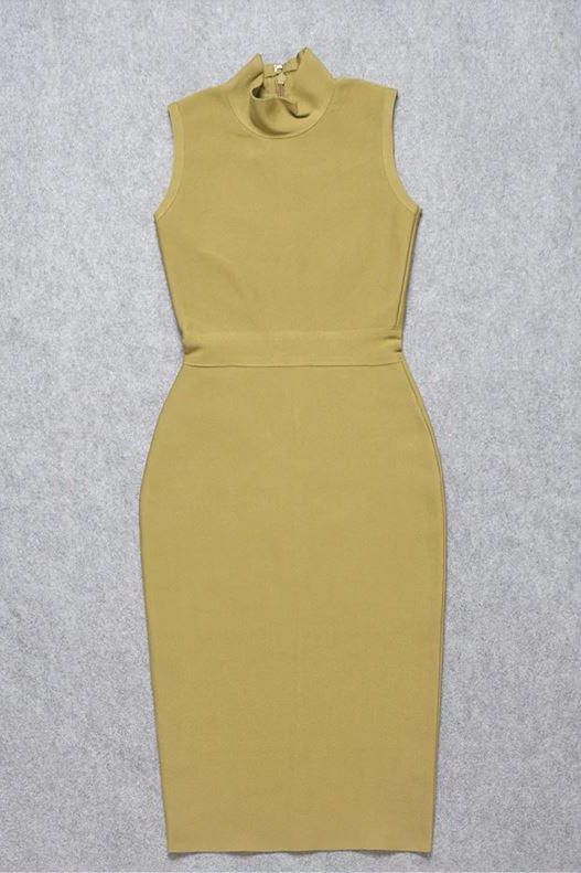 Woman wearing a figure flattering Grace Bandage Midi Dress - Olive Green Bodycon Collection