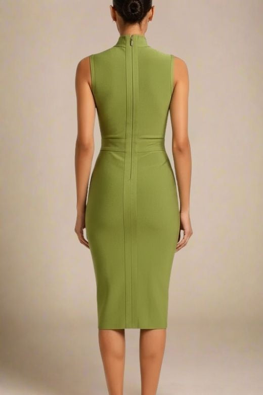 Woman wearing a figure flattering Grace Bandage Midi Dress - Olive Green Bodycon Collection