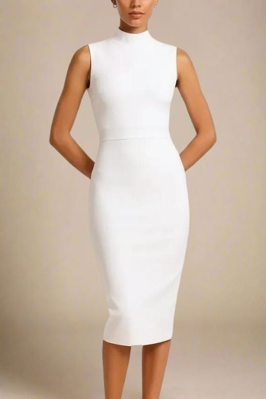 Bodycon Collection White Pearl Bandage Midi Dress for Women, High Neck, Pencil Style with Back Slit, Polyester and Elastane, Soft Breathable Fabrics Bodycon Collection White Pearl Bandage Midi Dress for Women, High Neck, Pencil Style with Back Slit, Polyester and Elastane, Soft Breathable Fabrics