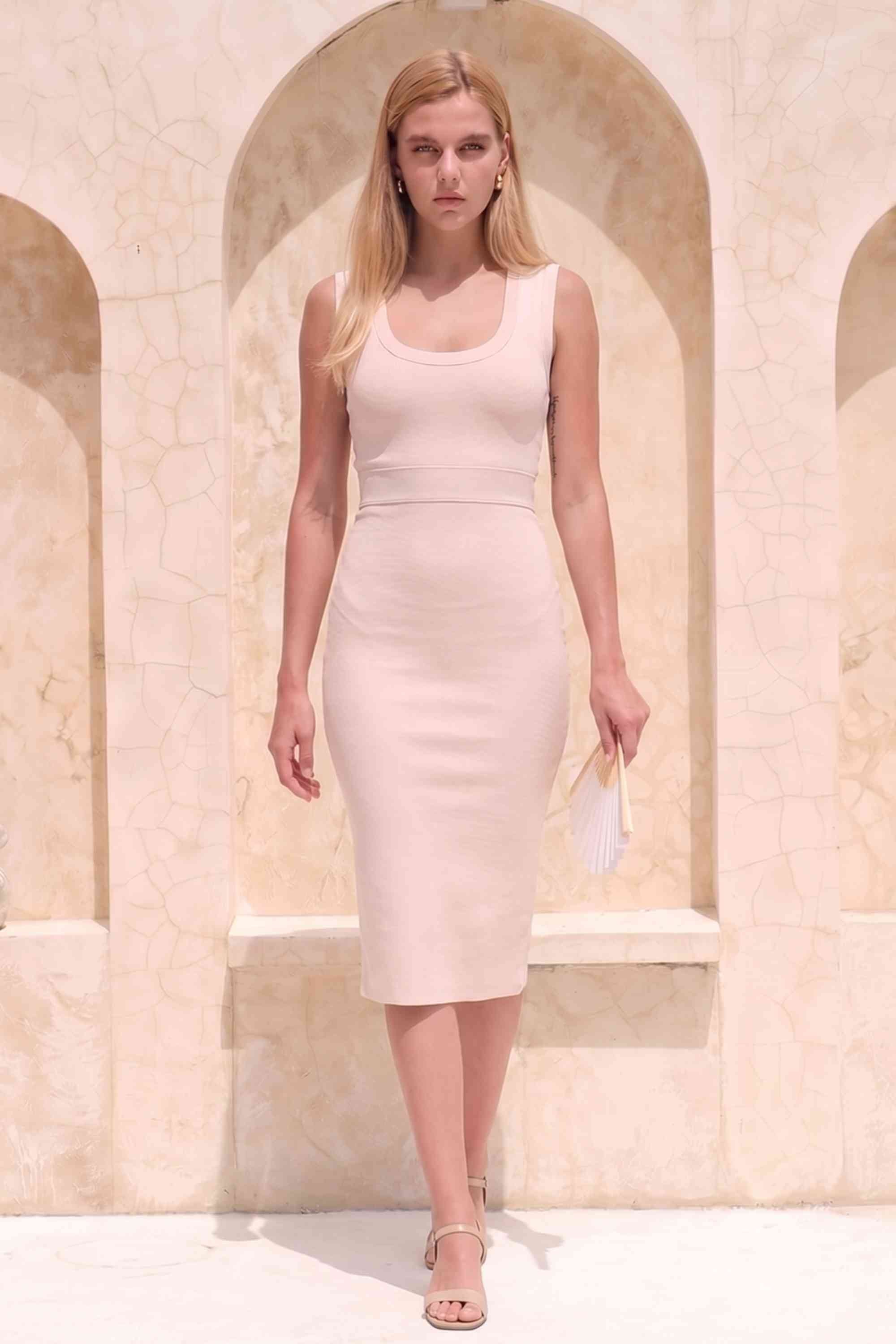Woman wearing a figure flattering Gracie Bandage Dress - Cream BODYCON COLLECTION Pty Ltd