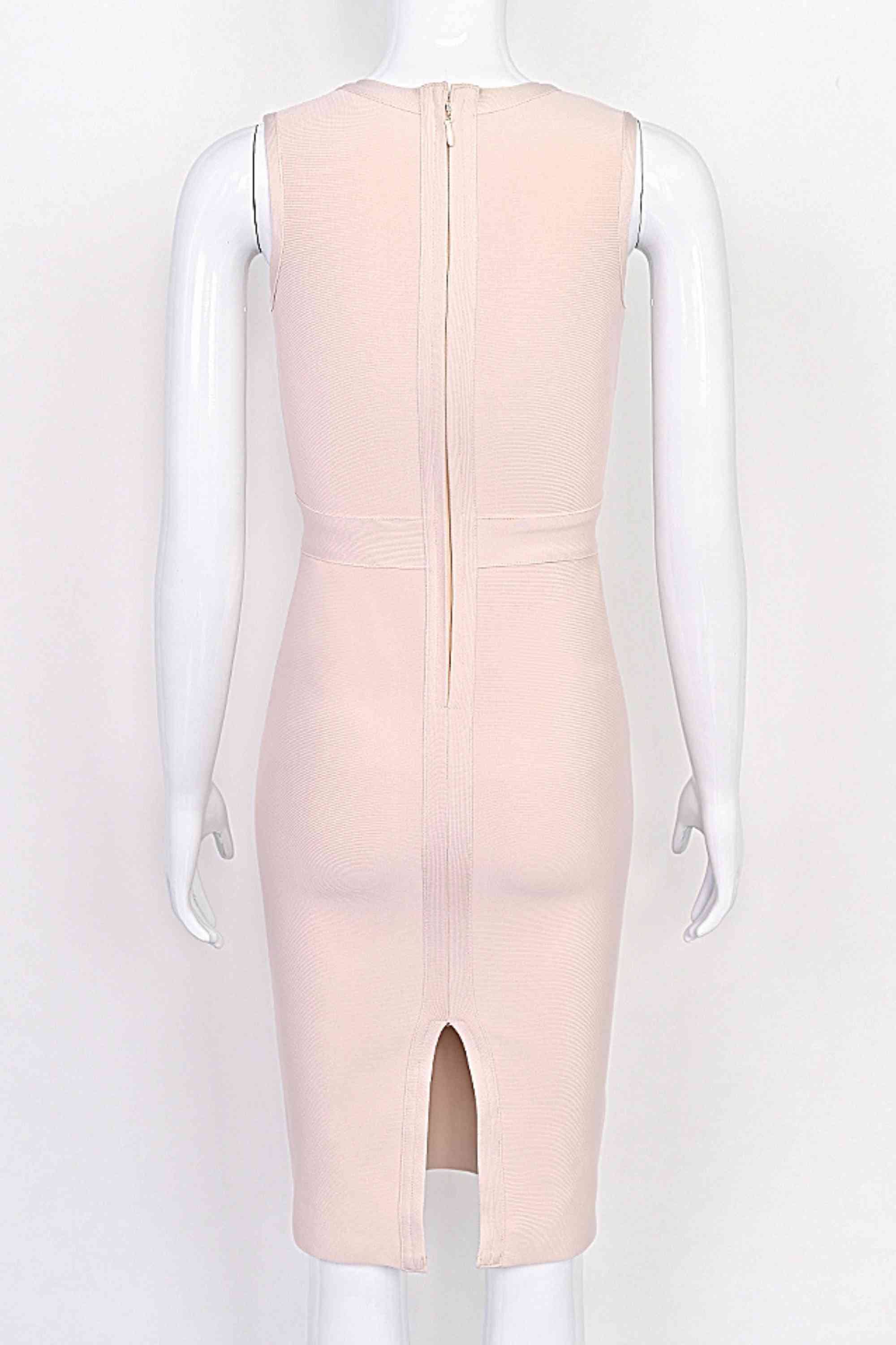 Woman wearing a figure flattering Gracie Bandage Dress - Cream BODYCON COLLECTION Pty Ltd