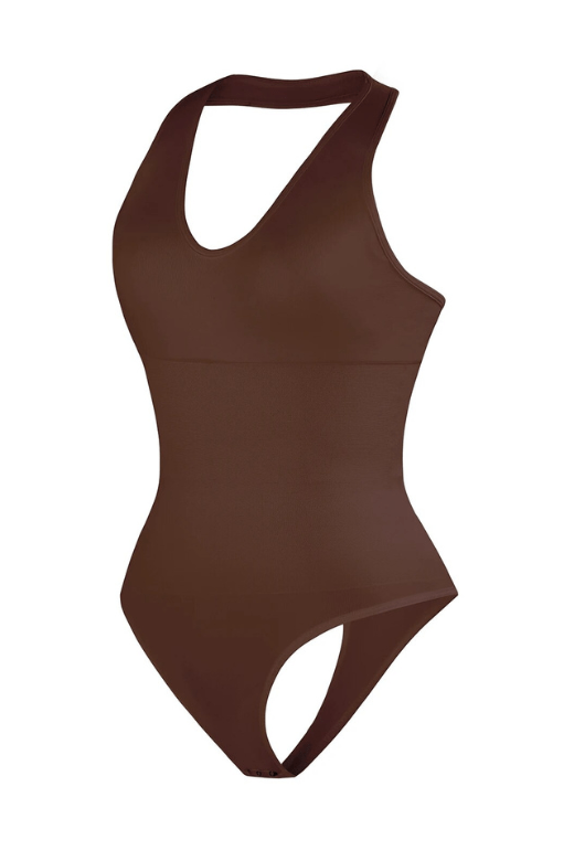 Woman wearing a figure flattering  Halter Neck One Piece Bodysuit Shapewear - Thong BODYCON COLLECTION