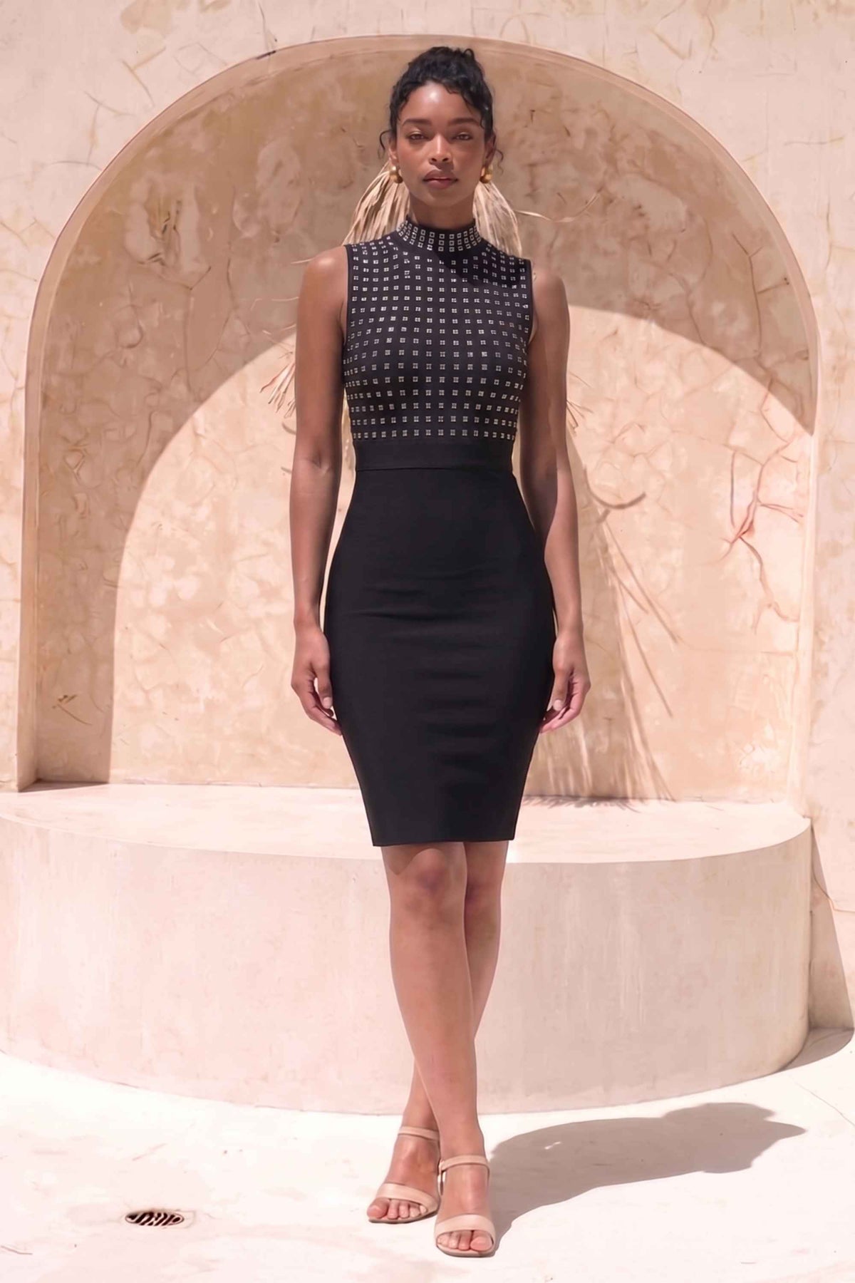 Woman wearing a figure flattering Hazel Bodycon Dress - Classic Black BODYCON COLLECTION Pty Ltd