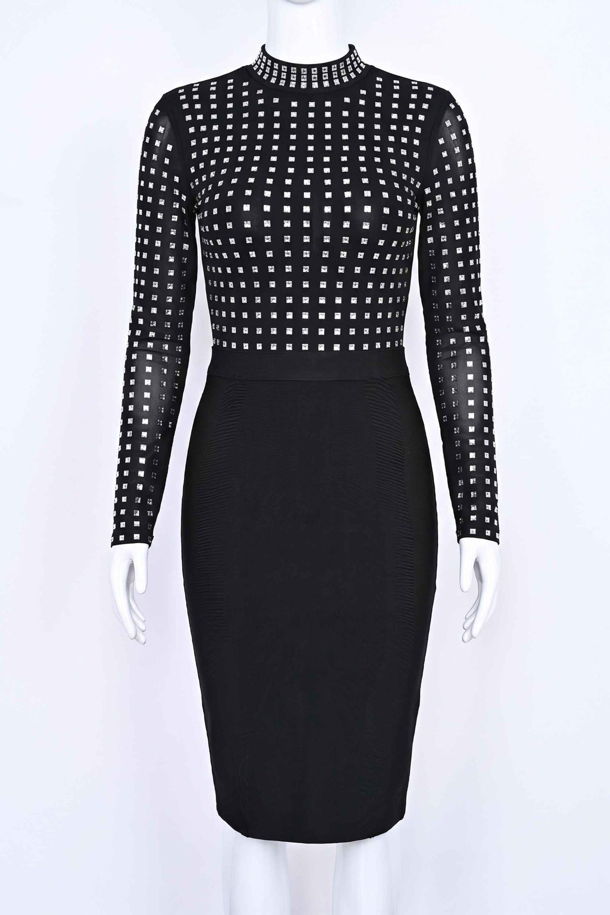 Woman wearing a figure flattering Hazel Long Sleeve Bodycon Dress - Classic Black BODYCON COLLECTION Pty Ltd