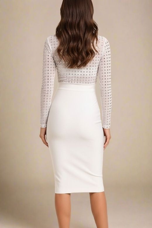 Woman wearing a figure flattering Hazel Long Sleeve Bodycon Dress - White Pearl BODYCON COLLECTION Pty Ltd