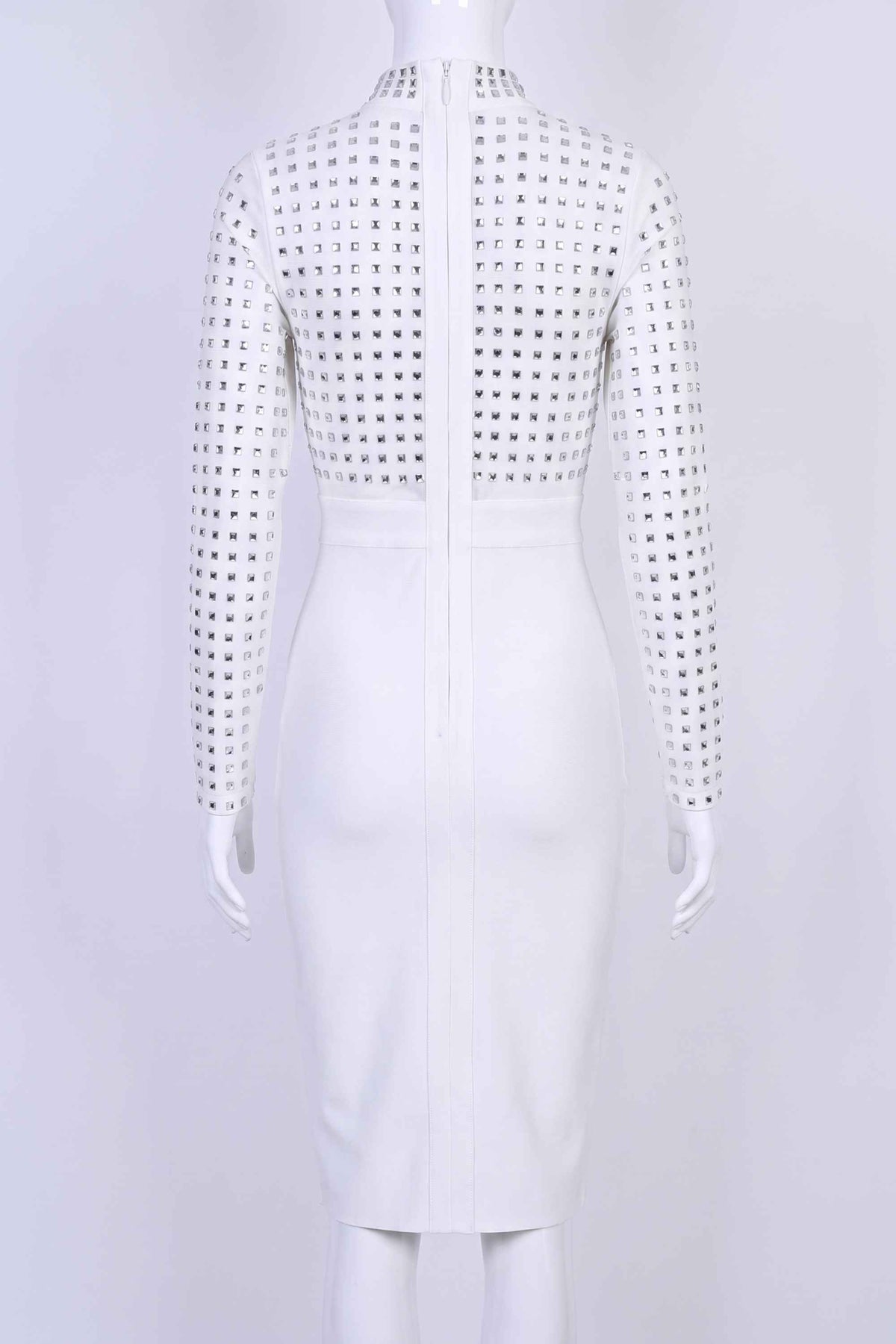 Woman wearing a figure flattering Hazel Long Sleeve Bodycon Dress - White Pearl BODYCON COLLECTION Pty Ltd