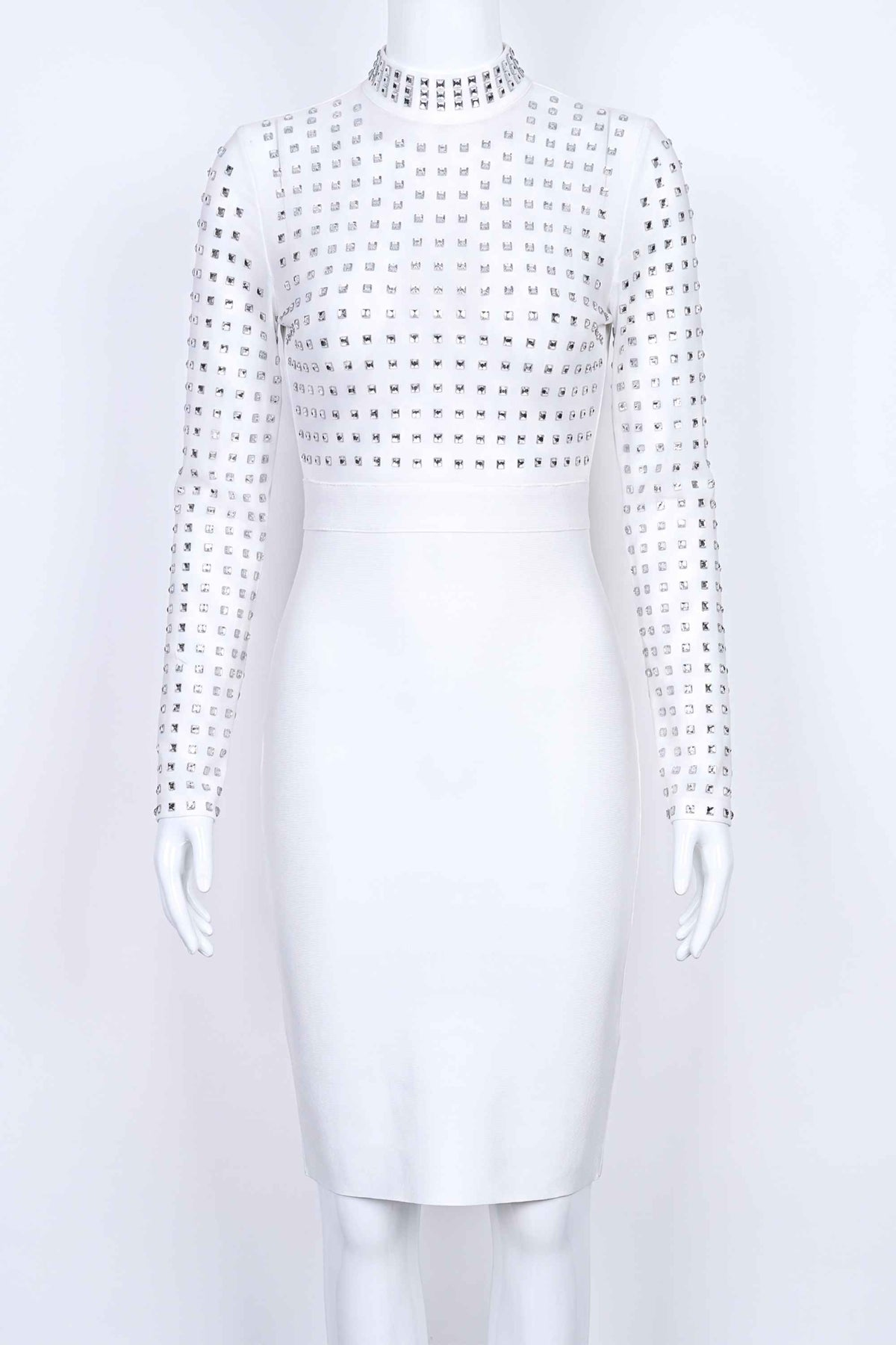 Woman wearing a figure flattering Hazel Long Sleeve Bodycon Dress - White Pearl BODYCON COLLECTION Pty Ltd