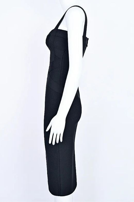 Woman wearing a figure flattering  Heidi Bandage Midi Dress - Classic Black Bodycon Collection
