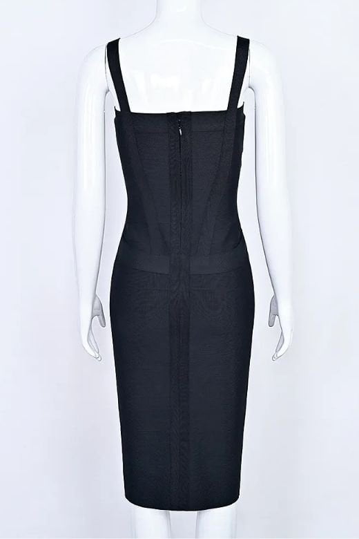 Woman wearing a figure flattering Heidi Bandage Midi Dress - Classic Black Bodycon Collection