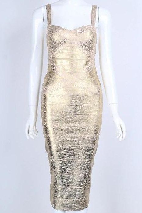 Woman wearing a figure flattering Heidi Bandage Midi Dress - Gold BODYCON COLLECTION