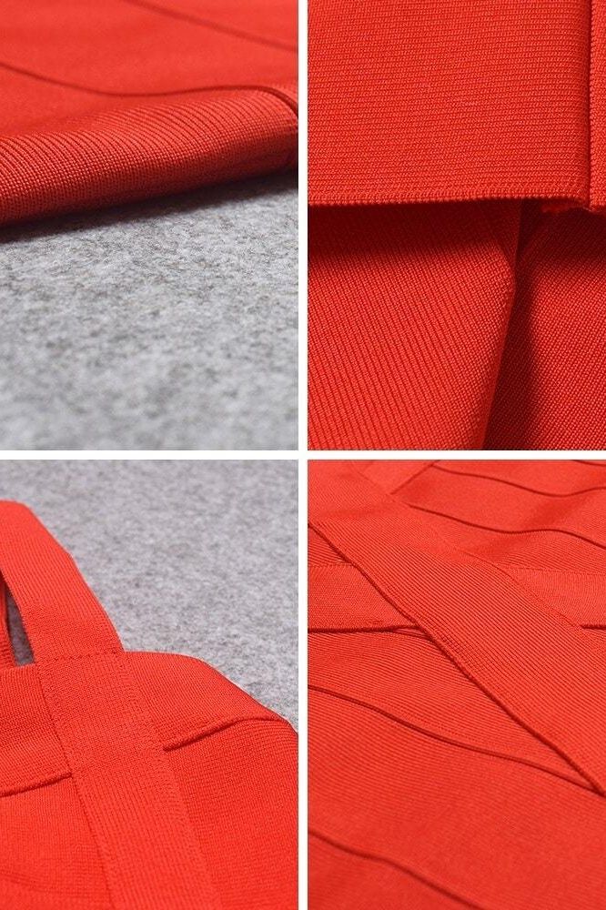 Woman wearing a figure flattering  Heidi Bandage Midi Dress - Lipstick Red Bodycon Collection