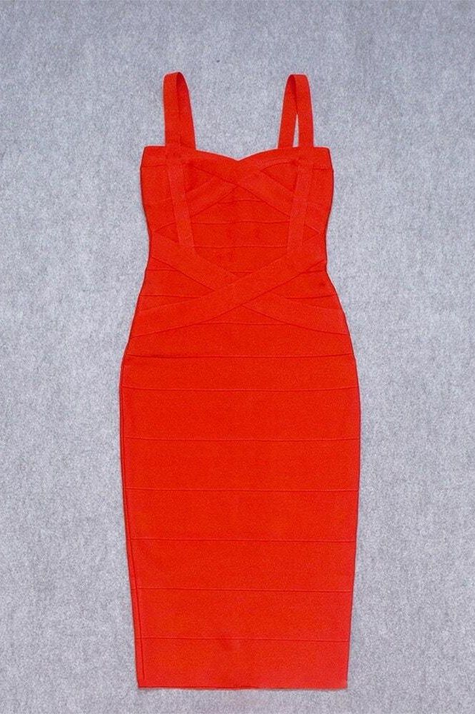 Woman wearing a figure flattering  Heidi Bandage Midi Dress - Lipstick Red Bodycon Collection