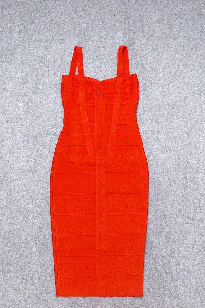 Woman wearing a figure flattering  Heidi Bandage Midi Dress - Lipstick Red Bodycon Collection