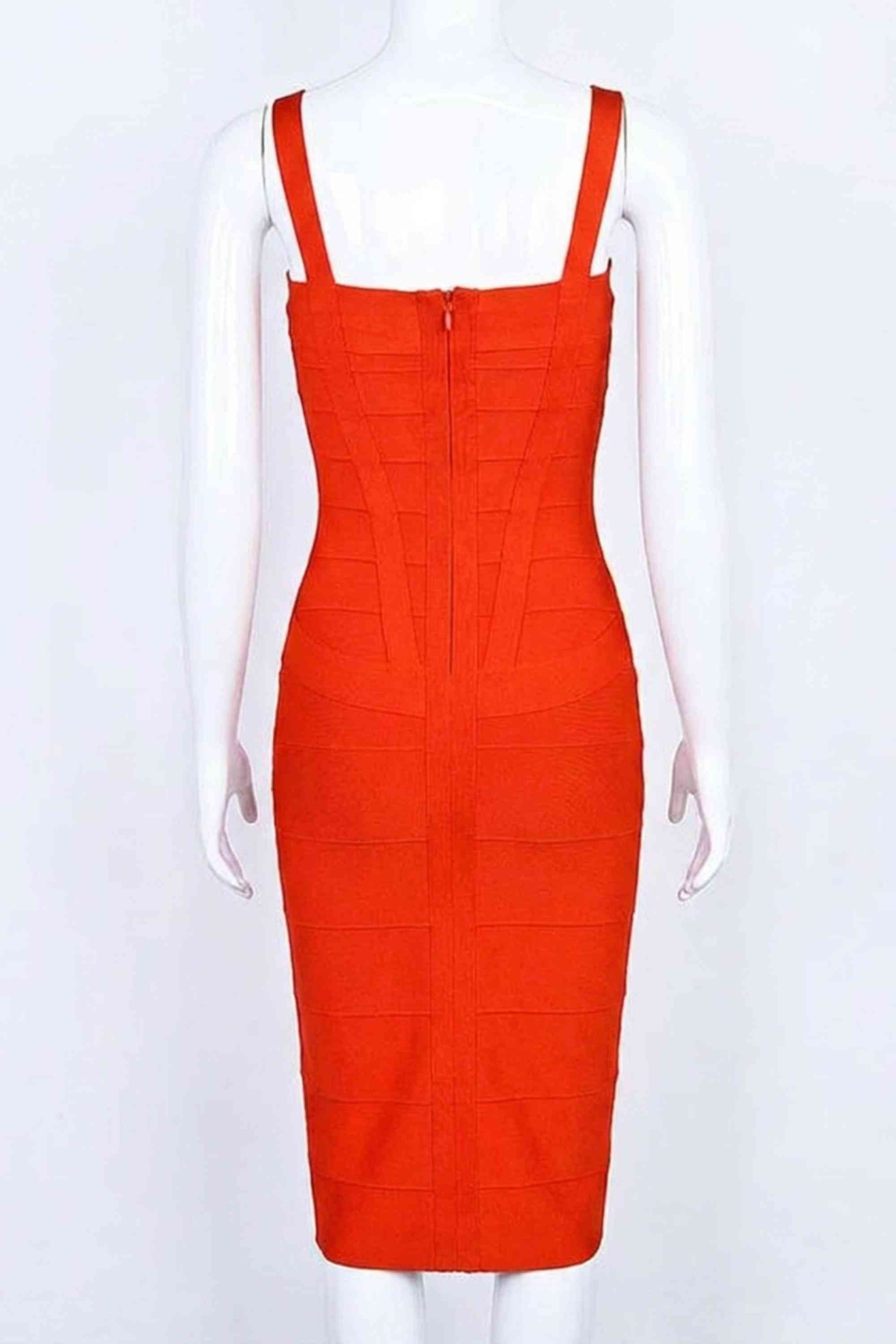 Woman wearing a figure flattering Heidi Bandage Midi Dress - Lipstick Red Bodycon Collection
