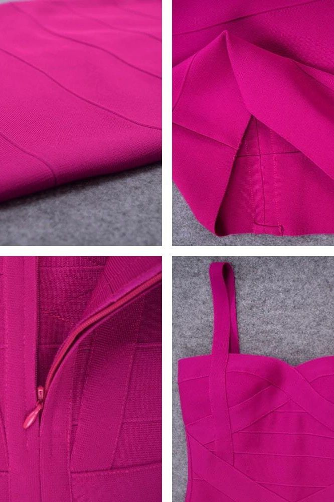 Woman wearing a figure flattering  Heidi Bandage Midi Dress - Magenta Pink Bodycon Collection