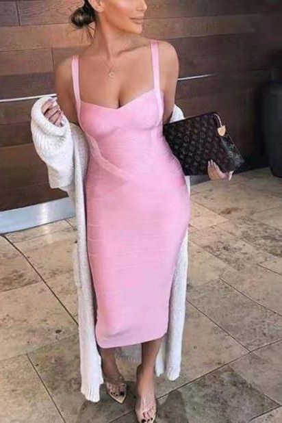 Woman wearing a figure flattering  Heidi Bandage Midi Dress - Pearl White Bodycon Collection