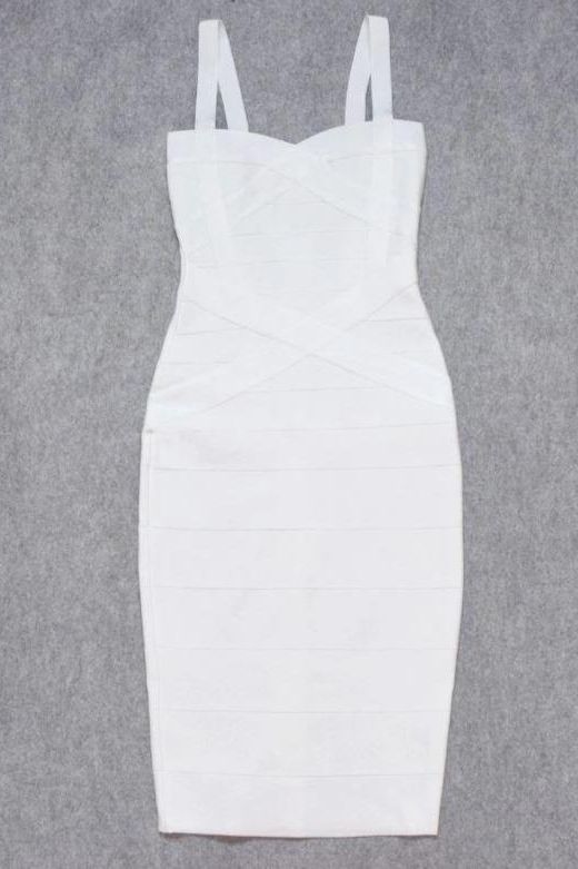 Woman wearing a figure flattering  Heidi Bandage Midi Dress - Pearl White Bodycon Collection