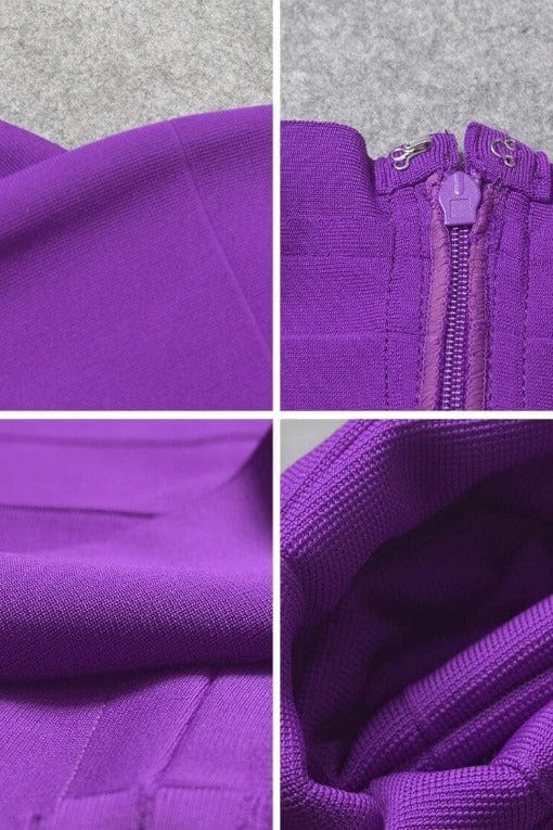 Woman wearing a figure flattering  Heidi Bandage Midi Dress - Plum Purple Bodycon Collection